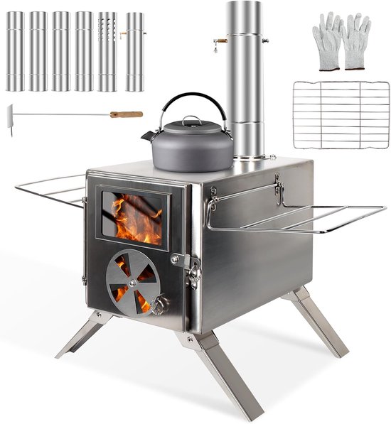 Tentkachel, tuinoven, mini-houtkachel, draagbaar campingkooktoestel, roestvrij staal, met schoorsteenbuizen, werkplaatsoven voor tent, tuin, camping, outdoor, picknick, verwarming, koken