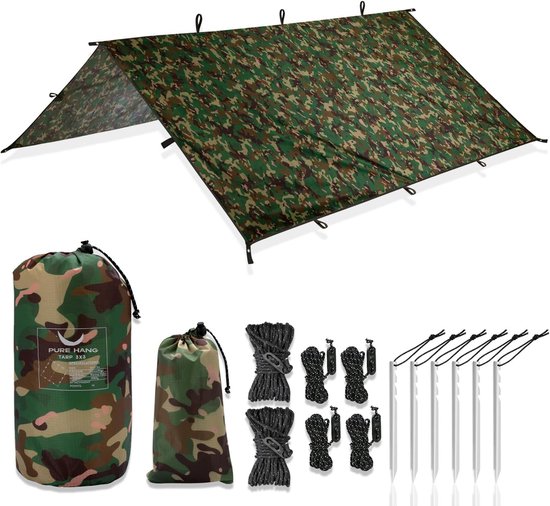 Tentzeil, tarp, 3 x 3, voor hangmat, outdoor, camping, 100% waterdicht, met oogjes, zonnezeil, strand, ultralicht, zonwering, uv-bescherming, regenbescherming van T