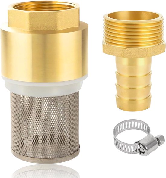 Terugslagklep 1 1/2 inch met zuigfilter en voetventiel - messing - inclusief zuigkorf, slangaansluiting en slangklemmen van Merkloos