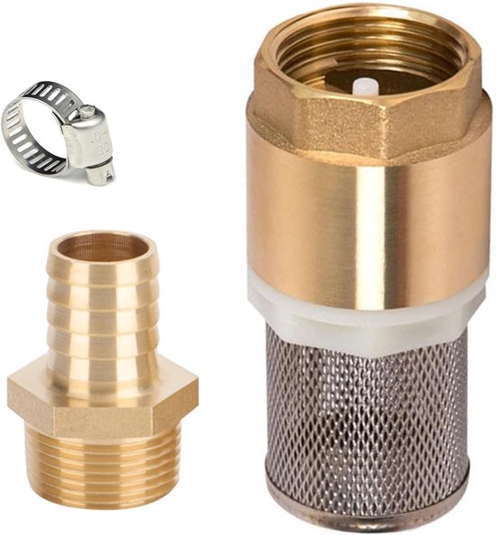 Terugslagklep messing, zuigfilterset, voetklep, zuigkorf, slangaansluiting en slangklem 1/2 incháf en 12 mm.