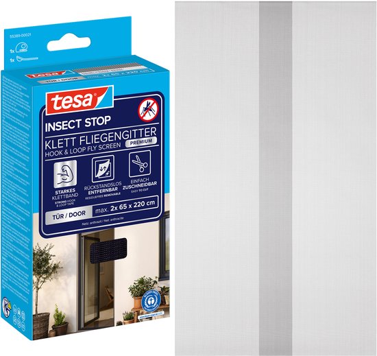 tesa INSECT STOP H&L Fly Screen Premium for Doors - hor voor deur met klittenband, verwijderbaar, antraciet - 120 x 220 cm
