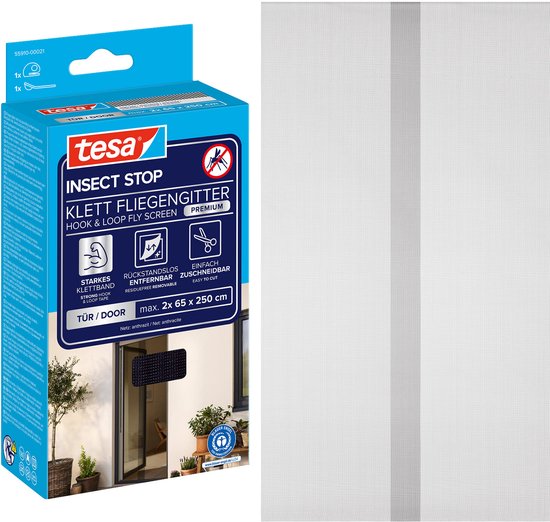 tesa INSECT STOP H&L Fly Screen Premium for Doors - hor voor deur met klittenband, verwijderbaar, antraciet - 120 x 250 cm
