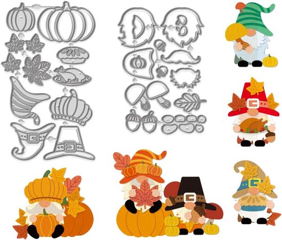 Thanksgiving Herfst Pompoen Snijmallen voor Kaarten, Thanksgiving Kabouter Metalen Snijden Dies Stencils Turkije Paddestoel Dwerg Koolstofstaal Embossing Sjabloon voor Party Card DIY