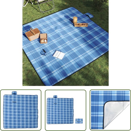 The Living Store Picknickdeken Outdoor Compact Waterdicht - 200 x 200 blauw geruit | Fluweel - spons - aluminiumfolie van T