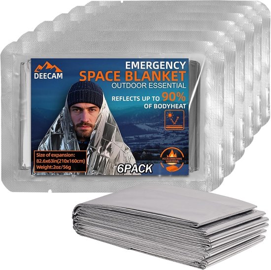 Thermische Nooddeken 210x160cm - Zilver Rescue Blankets voor Overleving, Kamperen en Eerste Hulp (6 Stuks)