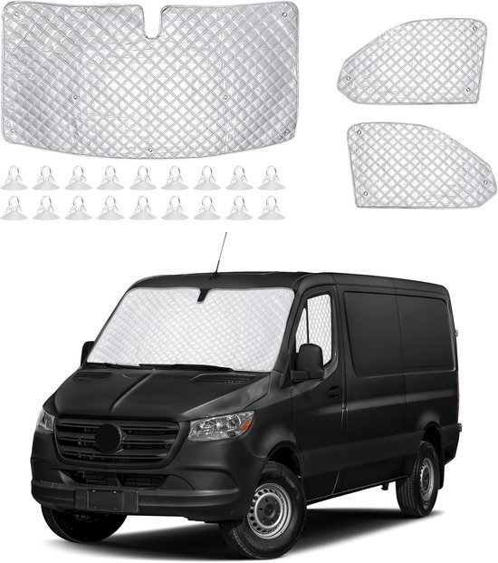 Thermische zonwering voor Mercedes Benz Sprinter 2019-2025, 3-delige set met isolerende zonneschermen en 18 zuignappen voor optimale bescherming tegen hitte en zonlicht