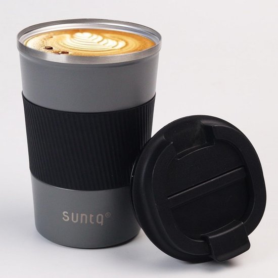 Thermo Koffiemok to go van roestvrij staal - Dubbelwandig geïsoleerd met lekvrij deksel - Herbruikbare thermobeker 380 ml in grijs/zwart