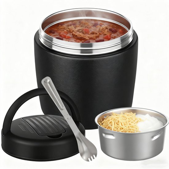 Thermo voor warme gerechten 40oz - draagbare roestvrijstalen bentobox - geïsoleerde voedselpot - voor volwassenen -lunchcontainers met brede opening - voor warme gerechten thermo-bentoboxen kom voedselcontainer kantoor thuis picknick - zwart van Merkloos