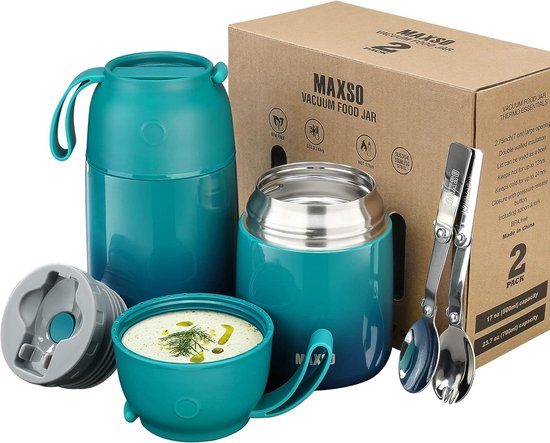 Thermocontainer voor eten, 500 ml en 700 ml, roestvrij staal, warmhoudcontainer met opvouwbare lepel, gerechten, babyvoeding, soep, pap, yoghurt, thermo-voedselcontainer onderweg, 2 isolatiecontainers van T