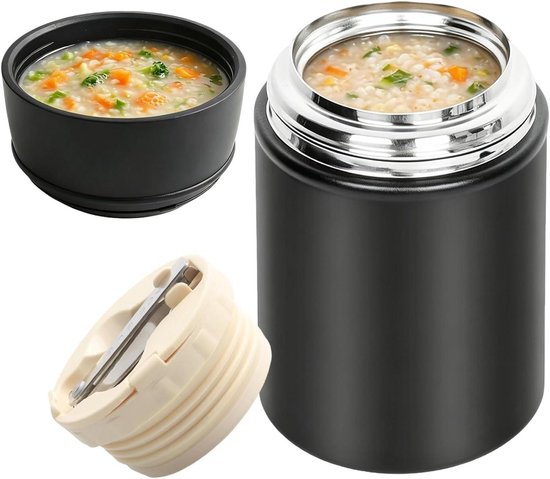 Thermocontainer voor eten - Warme lunchbox - Maaltijden meenemen - Lekvrij met lepel - 500 ml - Matzwart