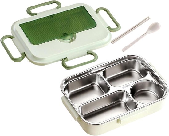Thermos Lunchbox - Voedselcontainer Werk - Maaltijden Warm Houden - Lekvrij Met 4 Vakken - 1.5 Liter - Groen