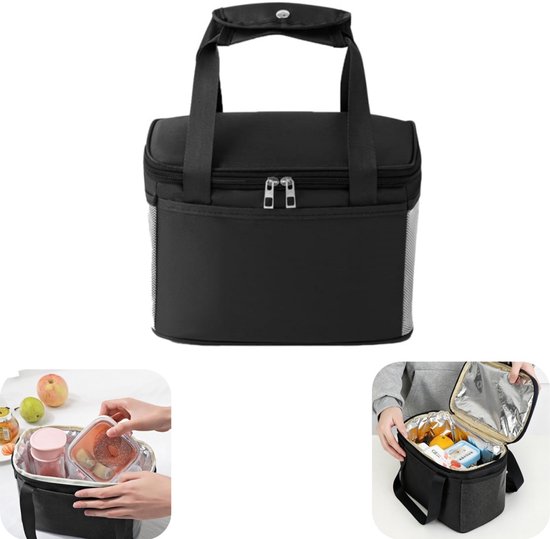 Thermos Tas - Lunchtrommel - Koeltas - Lunch Tas - Picknicktas - Met rits - Met handvat - Extra dik - Thermo - Geschikt voor mannen en vrouwen - Voor picknick, woon-werkverkeer, onderweg (zwart, 25*15cm)