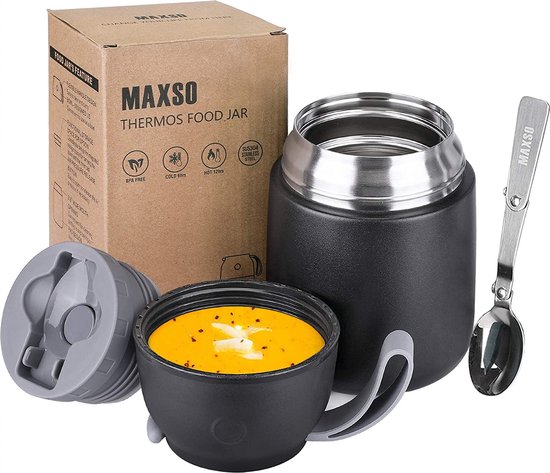 Thermoscontainer voor eten 500 ml roestvrij staal isoleercontainer voor warme gerechten, eten, babyvoeding, soep, isoleercontainer met lepel thermocontainer, zwart van T