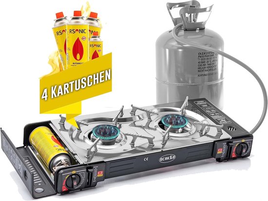 Thijox - Camping Gasfornuis 2 Vlammen - Dubbel Kooktoestel voor Gaspatronen en Gasflessen met Adapter - Ideaal voor Balkon, Tuin en Campingvakantie -