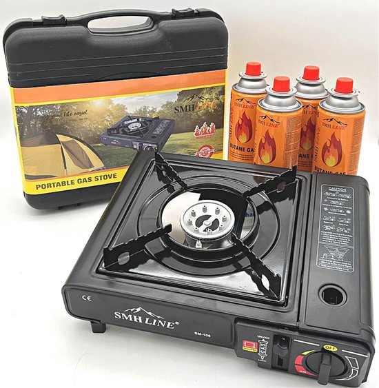 Thijox - Camping Gasfornuis incl. 4x Butaan Gaspatroon 227g - Draagbare Gaskoker in Opbergkoffer - Ideaal voor Kamperen, Tuinfeesten en Buitenactivite