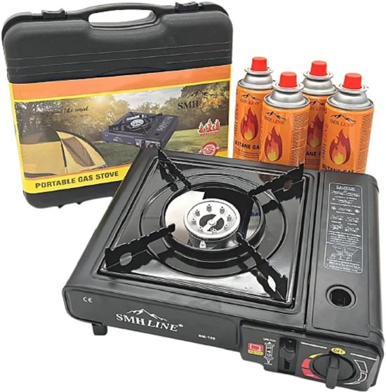 Thijox - Camping Kooktoestel Draagbaar Gasfornuis - Incl. 4x Gasflessen en Koffer - Ideaal voor Kamperen, Tuinfeest, Barbecue en Buiten Koken