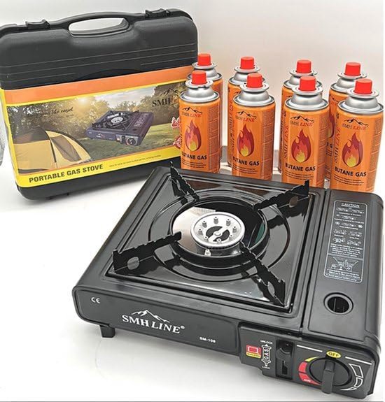 Thijox - Camping Kooktoestel - Draagbaar Gasfornuis met 8x Gasflessen en Koffer - Ideaal voor Kamperen, Tuinfeesten en Buitenactiviteiten - Gebruiksvr