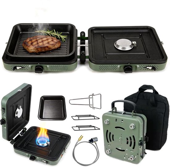 Thijox - Campingfornuis 2-in-1 4400 W, Draagbaar 2-pits Campinggasfornuis met Grillplaat, Inklapbaar en Verstelbare Brander, Inclusief Gasslanghandgre