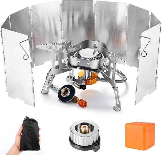 Thijox - Campinggasfornuis met windscherm 3500W, draagbare opvouwbare stalen kachel met piëzo-ontsteking, ultralichte mini-kachel voor trekking, reize