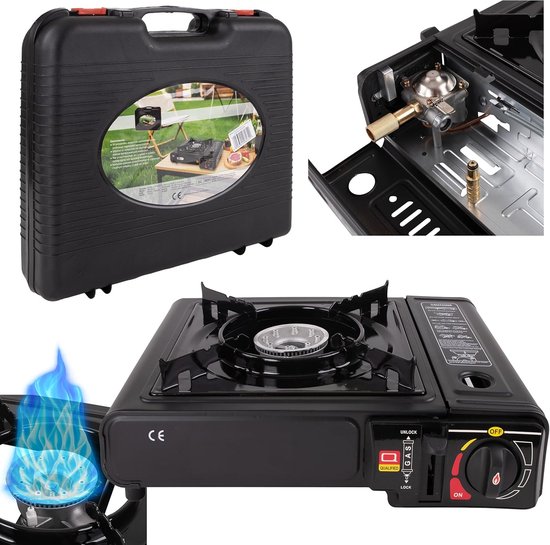 Thijox - Campingkooktoestel 2-in-1 Gas - Draagbaar Gasfornuis met Piëzo-Ontsteking, 2500 W Vermogen, Voor Cartridge en Gasfles, Incl. Draagtas en Wind