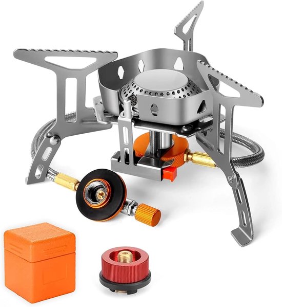 Thijox - Campingkooktoestel 3500 W - Winddicht, Piëzo-Ontsteking, Opvouwbaar, Adapter Inclusief - Perfect voor Kamperen, Tuin en Buitenactiviteiten -