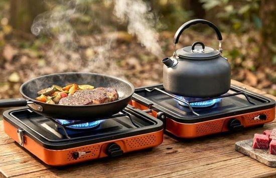 Thijox - Draagbaar 2-pits Campingfornuis 4400W - Krachtig Gasfornuis voor Buiten Koken - Opvouwbaar Campingfornuis met Ontsteking voor Backpacken, Pic