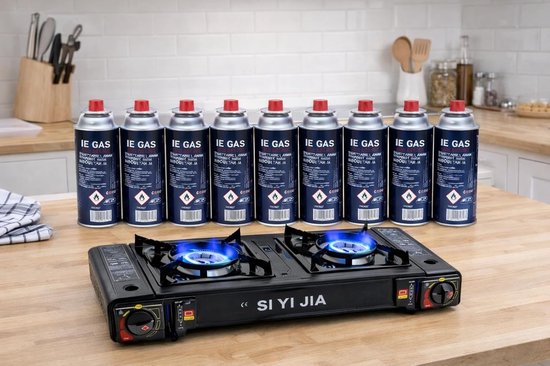 Thijox - Draagbaar 2 pits gasstel campingkooktoestel met 8 butaangas cartridges, elektrische piezo-ontsteking, ideaal voor outdoor, caravan, festivals