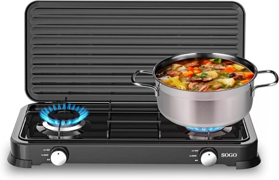 Thijox - Draagbaar Gasfornuis 2 Branders voor Buiten, Camping, Terras, LPG/Propaan, Met Deksel, Zwart, Geëmailleerd, 2,2 kW Vermogen