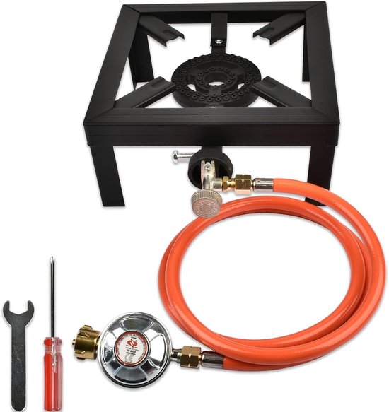 Thijox - Draagbaar Gaskoker voor Camping, Krukkooktoestel 6000W met 4 Poten, Inclusief 1,5m Slang en 50 Bar Drukregelaar voor Buitengebruik, Outdoor K