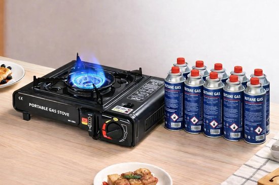 Thijox - Draagbaar Gasstel met Koffer - Camping Kooktoestel met 12 Butaangas Patronen - Compact Gasbrander Set voor Buiten, Noodpakket, Kamperen, Tuin