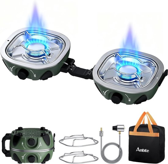 Thijox - Draagbare Campingkooktoestel Propaan 20.000 BTU - Inklapbaar 2-Brander Kooktoestel met Instelbare Branders - 31 cm Breed - Complete Set voor
