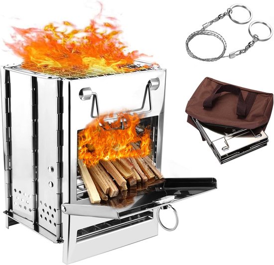 Thijox - Draagbare Houtkachel Camping - Opvouwbare Roestvrijstalen Fornuis met BBQ-Grill - Ideaal voor Outdoor, Wandelen, Backpacken, Reizen en Pickni