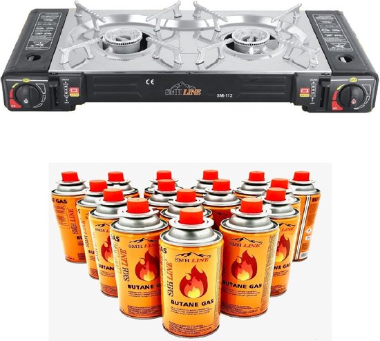 Thijox - Dubbele Camping Kooktoestel - 2 Pits RVS Gasfornuis - 2x 2500W - Inclusief 12x Gasflessen - Draagbaar Kookstel voor Kamperen, Tuin en Feesten