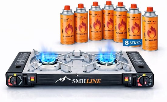 Thijox - Dubbele Campingkooktoestel Gasfornuis met 8 Gaspatronen - Outdoor Tafelgrill met Piëzo-ontsteking, 2 Vlammen, 2x2,5 kW, Perfect voor Tuin, Te