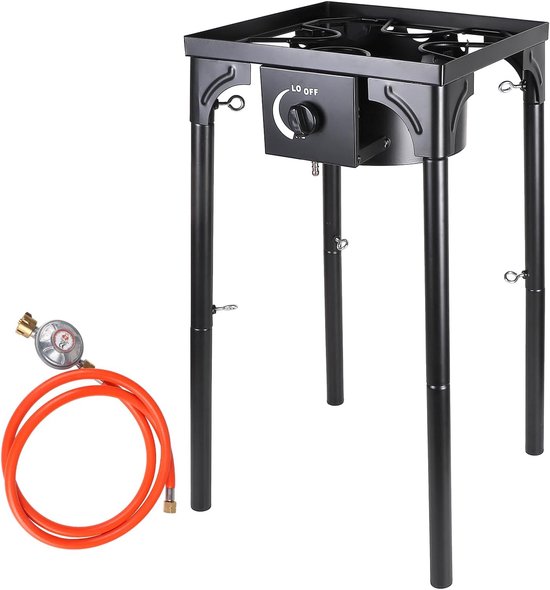 Thijox - Gasfornuis Gietijzer 10 kW - Campingfornuis 40x40x76 cm - 1 Vlam met Propaangasslang en Drukregelaar - Outdoor Koken in Tuin, Camping en Cate