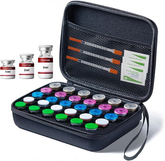 Thijox - Insuline Pen Tas - Peptide Box Koelkast Organizer 30 Slots - Ampullenhouder voor 1-3ml Flessen - Hard Shell Insuline Case met Handvat Zwart -