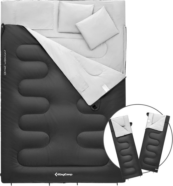 Thijox - KingCamp Slaapzak voor 2 Persoonsbed - 220 x 150 cm - -3℃ tot 12℃ - Draagbaar, Licht, Comfortabel - Camping Slaapzak met 2 Kussens - 3 Seizoe