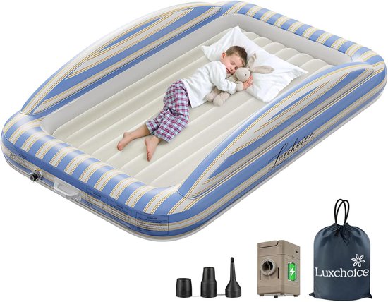 Thijox - Opblaasbaar Matras voor Kinderen met Elektrische Pomp - Draagbaar Reismatras met Veiligheidshekjes - Zacht Fluweelachtig Oppervlak voor Reize