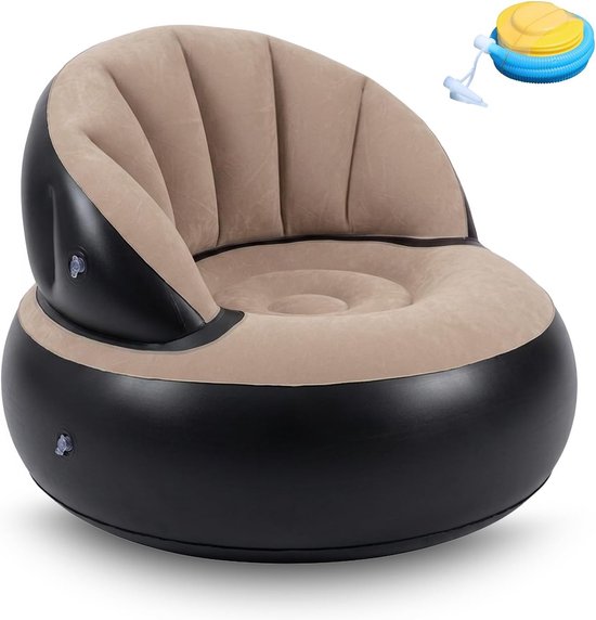 Thijox - Opblaasbare Fauteuil en Bank met Vlokoppervlak, Ronde Luchtbank inclusief Voetpomp, Waterdichte Opblaasbare Bank voor Woonkamer, Outdoor, Cam