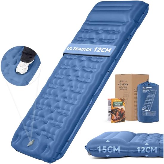 Thijox - Opblaasbare Slaapmat 12 cm Dikte met Kussen, Ultralicht en Compact, Ergonomisch Design met Voetpomp voor Camping, Wandelen en Outdoor Avontur