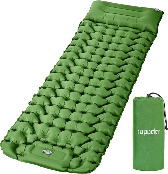 Thijox - Ultralichte slaapmat, zelfopblazende campingmatras met kussen en ingebouwde voetpomp, 77 x 27 x 3,9 inch, groen, perfect voor kamperen, festi