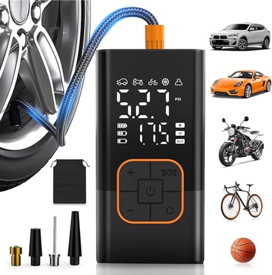 Thuys - Elektrische Draadloze Bandenvuller 150 PSI - 4000mAh - 20L/min - LED Display - Zaklamp - USB-C - voor Auto - Fiets en Motor