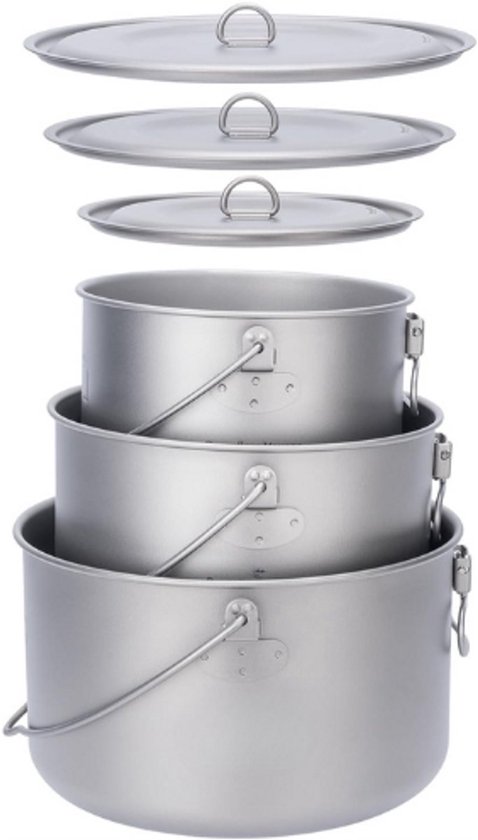Thuys – Titanium Pannenset – 1,3L –1,95L – 2,9L – Camping Soeppan – Met Deksel – Lichtgewicht Kookgerei