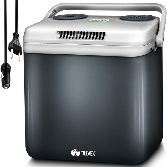 tillvex Koelbox, elektrisch, 32 liter, mini-koelkast 230 V en 12 V, voor auto, camping, koelt en verwarmt, met eco-modus (grijs)