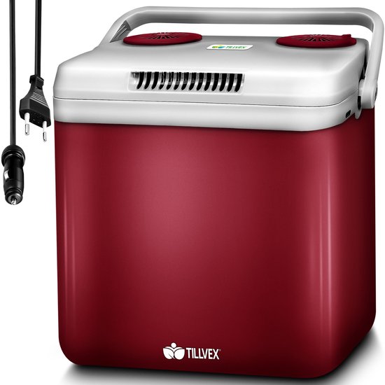 tillvex Koelbox, elektrisch, 32 liter, mini-koelkast 230 V en 12 V, voor auto, camping, koelt en verwarmt, met eco-modus (rood)