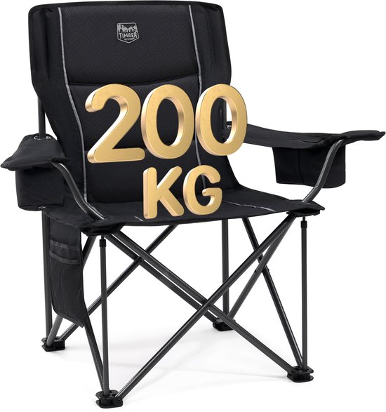 TIMBER RIDGE Campingstoel - Comfortabel & Opvouwbaar - 200KG draagvermogen - Met bekerhouder & zijvak - Voor camping & vissen - Zwart