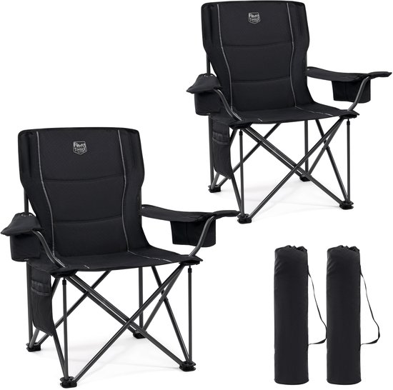 TIMBER RIDGE Campingstoelen XL - 2-Pack - Opvouwbaar - 200KG draagvermogen - Met bekerhouder & zijvak - Voor camping - Klapstoel - Visstoel - Kampeerstoel - Vouwstoel -Zwart