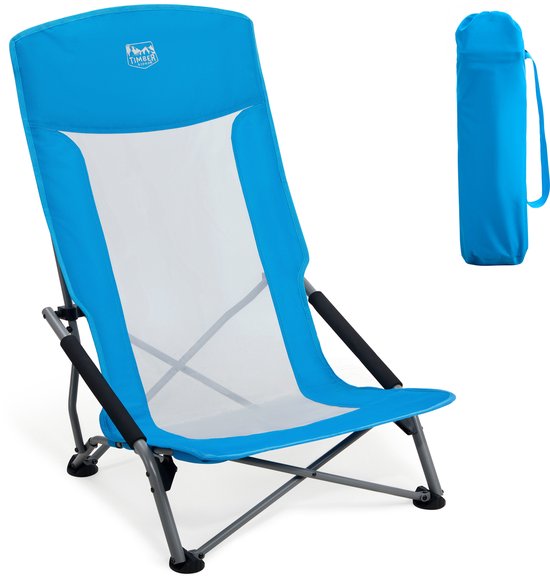 TIMBER RIDGE Strandstoel - Opvouwbaar & Lichtgewicht - 150KG draagvermogen - Hoge mesh rugleuning - Voor strand & camping - Blauw van Merkloos