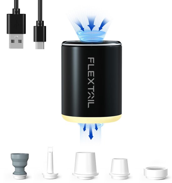 Tiny Pump 2X, Elektrische luchtpomp 4.5 kPa, 180L/min, 5 Luchtsproeiers, 3-in-1 Mini Luchtpomp met Kampeerlantaarn Opblazen/Leeglaten voor Slaapmatten, Luchtbedden, Zwembadaccessoires