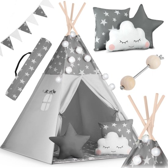 Tipi-tent voor kinderen met slinger en Nukido-lampjes - grijs met sterren van Nukido